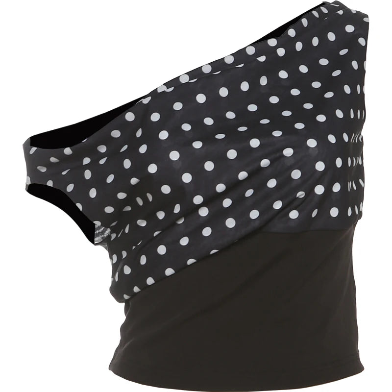 Polka Dot Off Shoulder Crop Top With Skew Collar And Ruched Backless