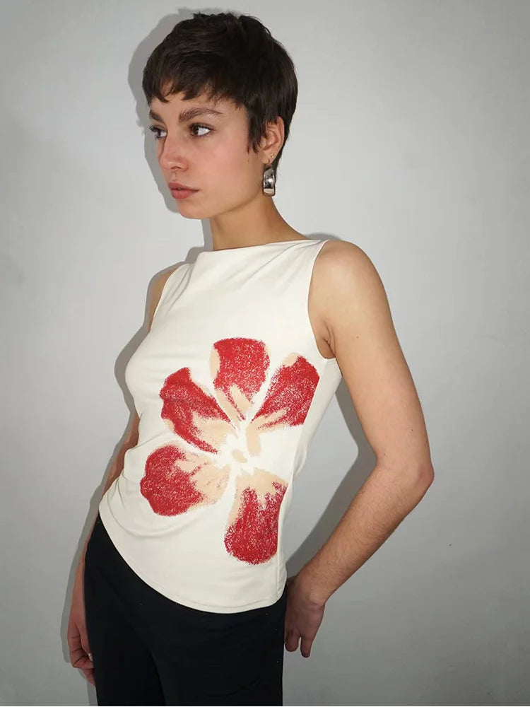 Floral Print Crop Tank Top For Women Fitted Boat Neck Sleeveless