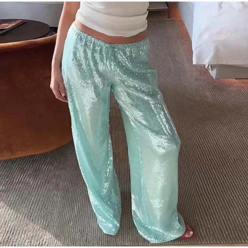 Sequined Solid Wide Leg Pants For Women With High Waist Loose Fit Trousers