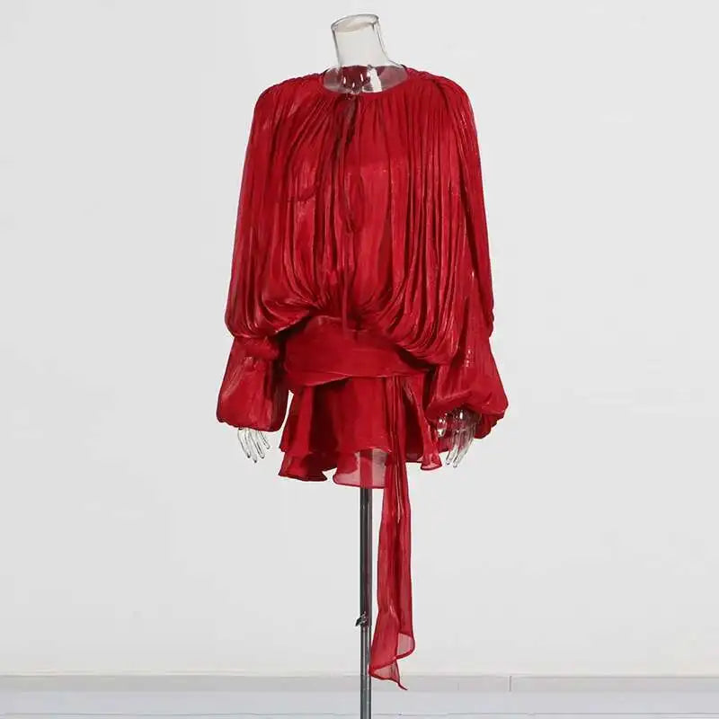 Lace Up V Neck Mini Dress For Women Long Sleeve