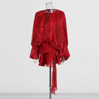 Lace Up V Neck Mini Dress For Women Long Sleeve