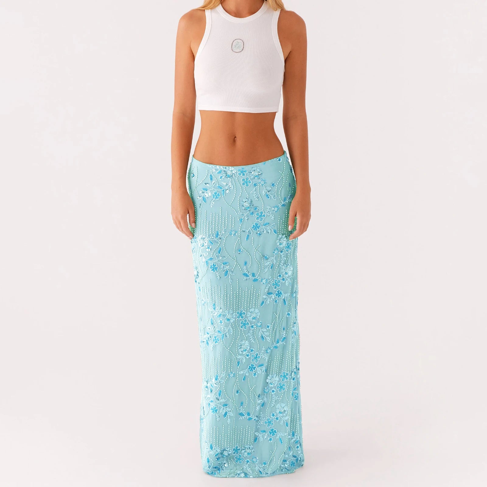 Elegant Beaded Sequin Maxi Skirt With Floral Embroidery