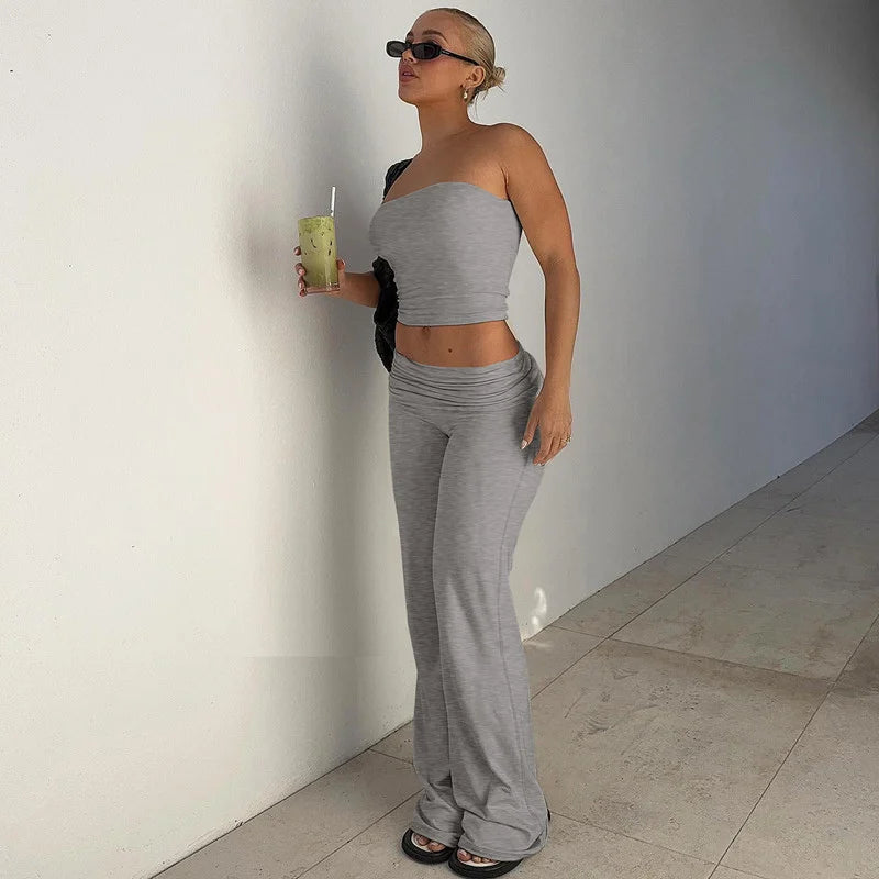 Strapless Crop Top And High Waist Ruched Flare Pants Set