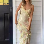 Women's V Neck Ruffled Slim Long Fashion Sleeveless Floral Print Backless Dress