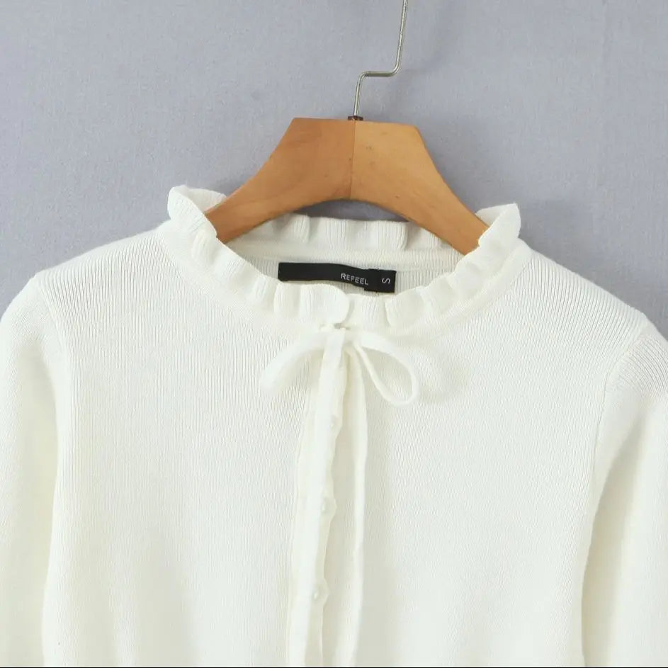 Lacing Up Bow Woodears O neck Open Buttons Through Crop Pointelle Knitted Cardigan Sweater Woman Jumper Knitwear