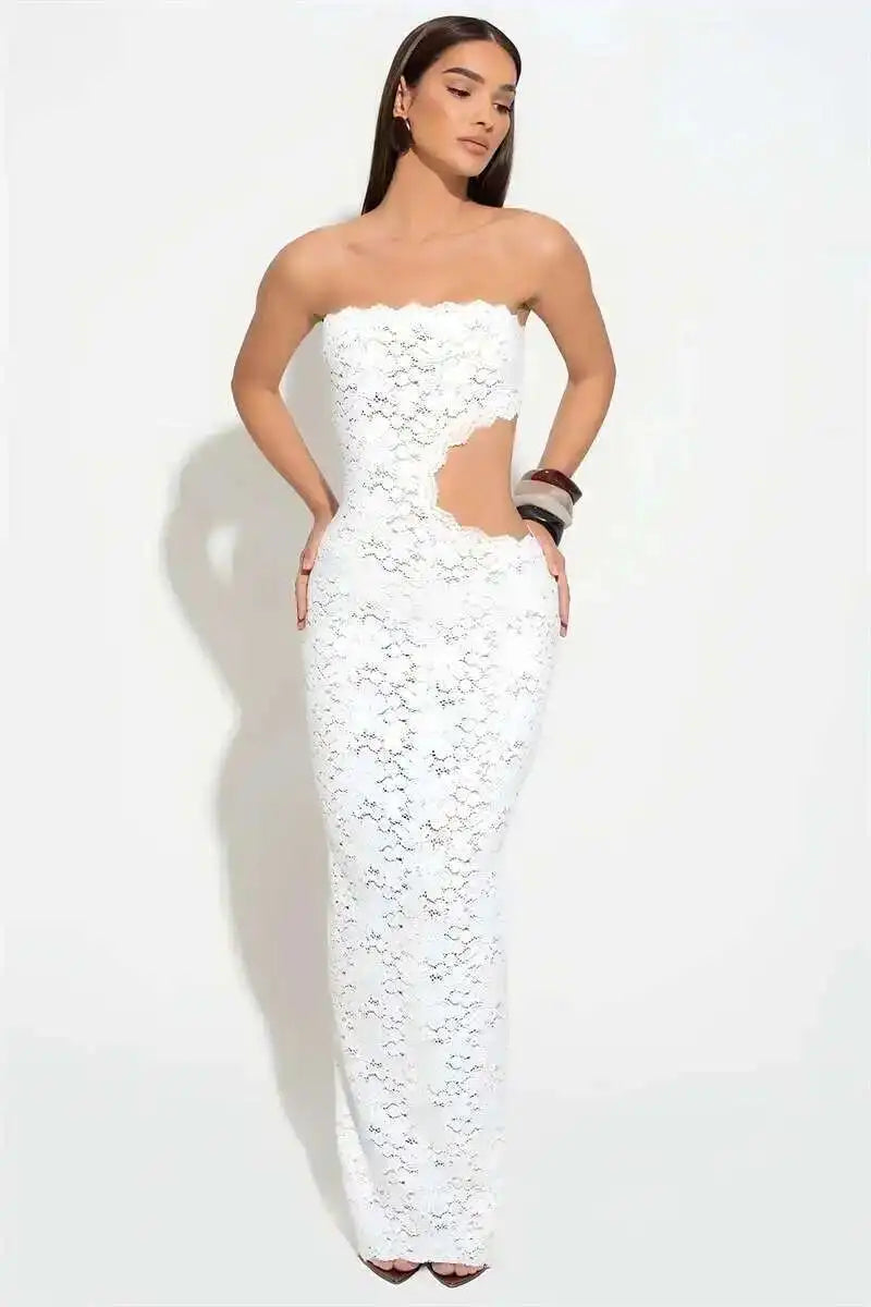 Elegant Off Shoulder Backless Lace Maxi Dress With Hollow Out Detailing