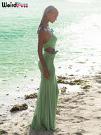 Sheer Halter Dress With Butterfly Appliques Hollow Ruffle Details Elegant Gown