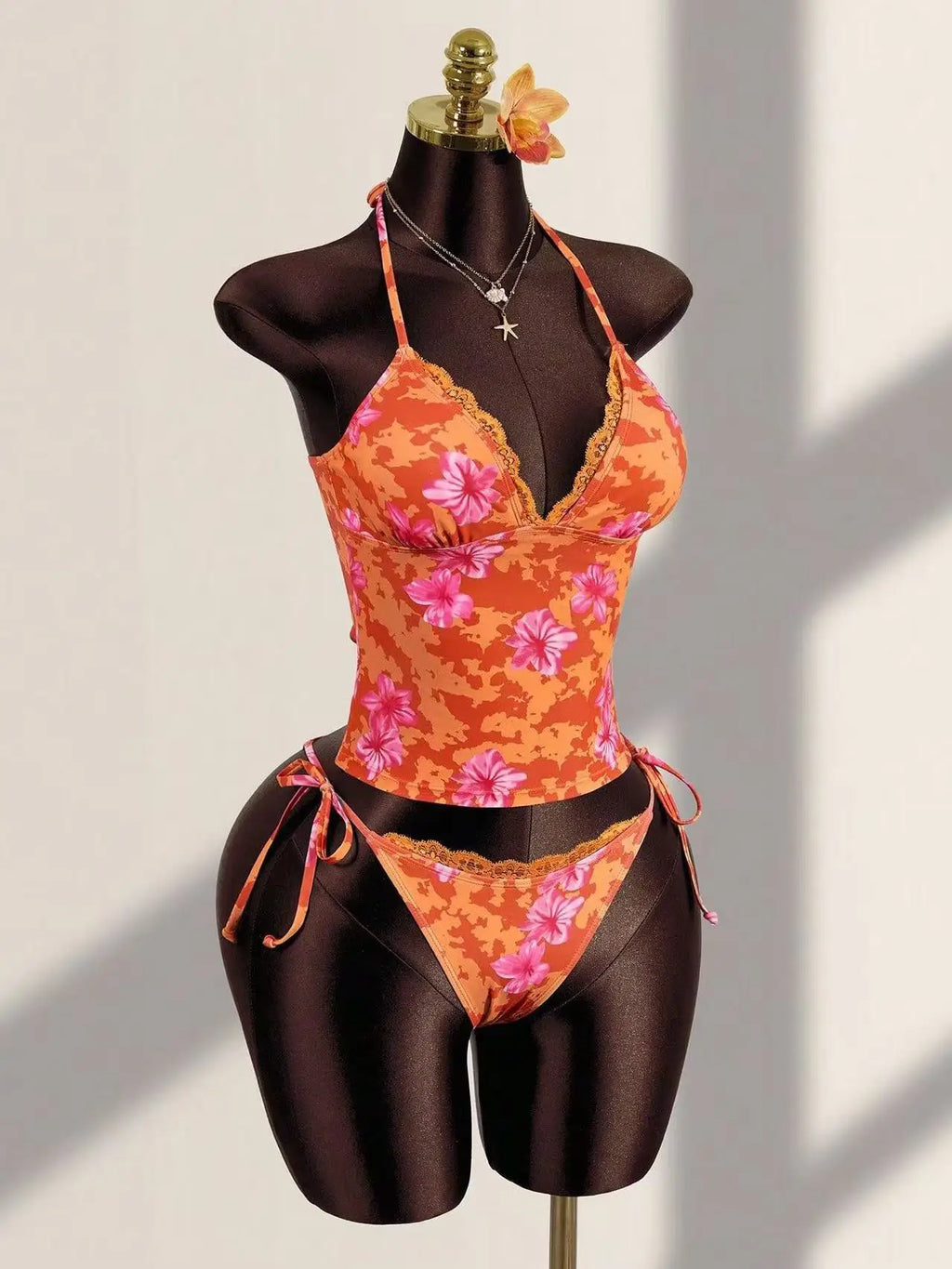 Orange Embellished Tropical Flower Print Two Piece Bikini Set With Lace Trim Halter Neck Tie Side