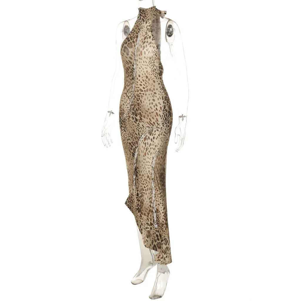 Leopard Print Halter Maxi Dress With Backless Silhouette Embellished Bandage Style