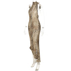 Leopard Print Halter Maxi Dress With Backless Silhouette Embellished Bandage Style