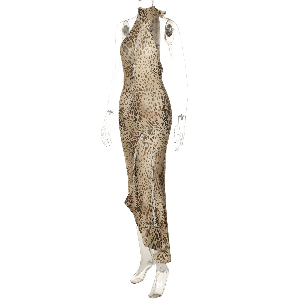 Leopard Print Halter Maxi Dress With Backless Silhouette Embellished Bandage Style