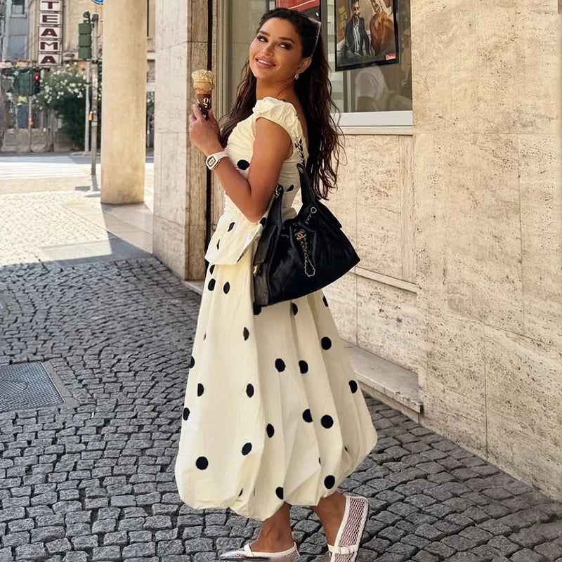 Long Polka Dot Skirt Set With Cropped Puffy Sleeveless Top