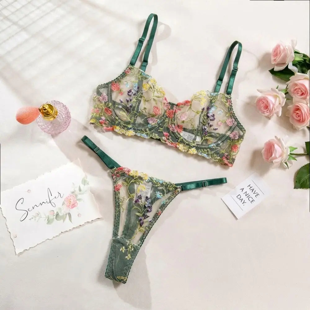 Floral Sheer Embroidery Lingerie Set With Underwire Push Up Bra And Panty Two Piece