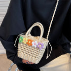 Straw Woven Shoulder Bag With Floral Details