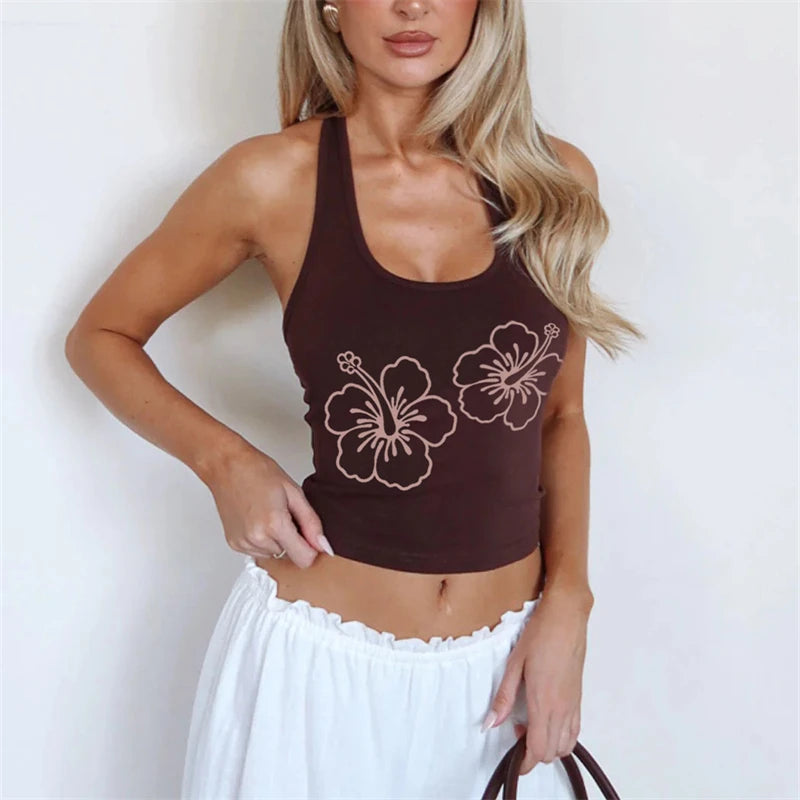 Floral Print Y2K Sleeveless Crop Camisole Top With Round Neck