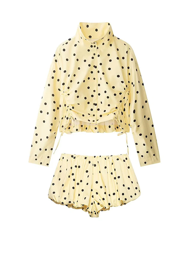 Yellow Polka Dot Pleated Set With Balloon Shorts And Cropped Top