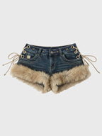 Retro Fluffy Spliced Denim Shorts With Strap Details Low Rise Fit