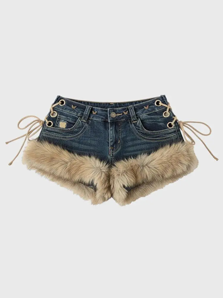 Retro Fluffy Spliced Denim Shorts With Strap Details Low Rise Fit