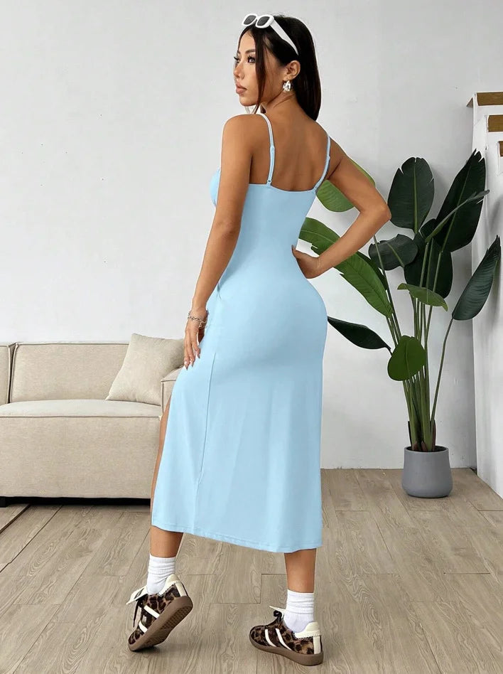 Chic Slit Cami Maxi Dress With Subtle Stretch For Everyday Wear