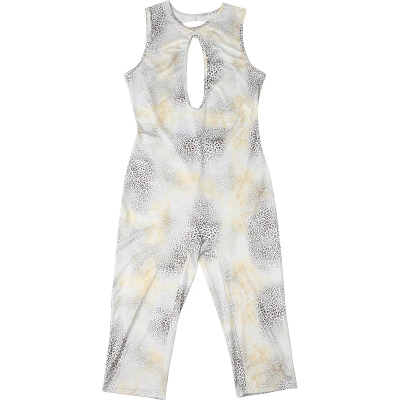 Leopard Print Hollow Out One Piece Romper With Backless Detail Sleeveless O Neck