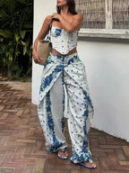 Boho Floral Dream Two Piece Set With Corset Wrap And Wide Leg Pants