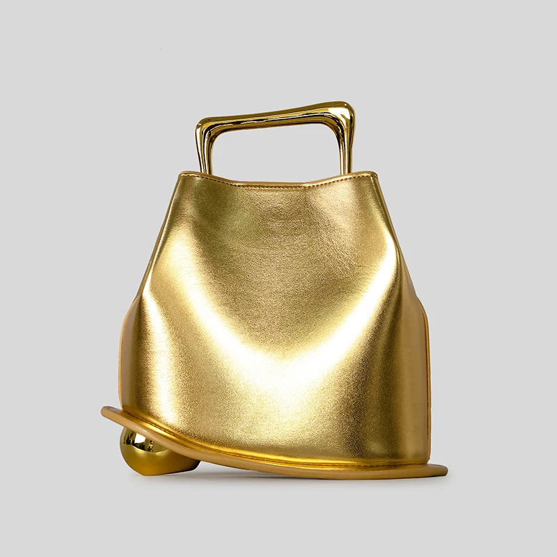 Gold Metallic Irregular Bucket Bag With Ball Base Leather Tote