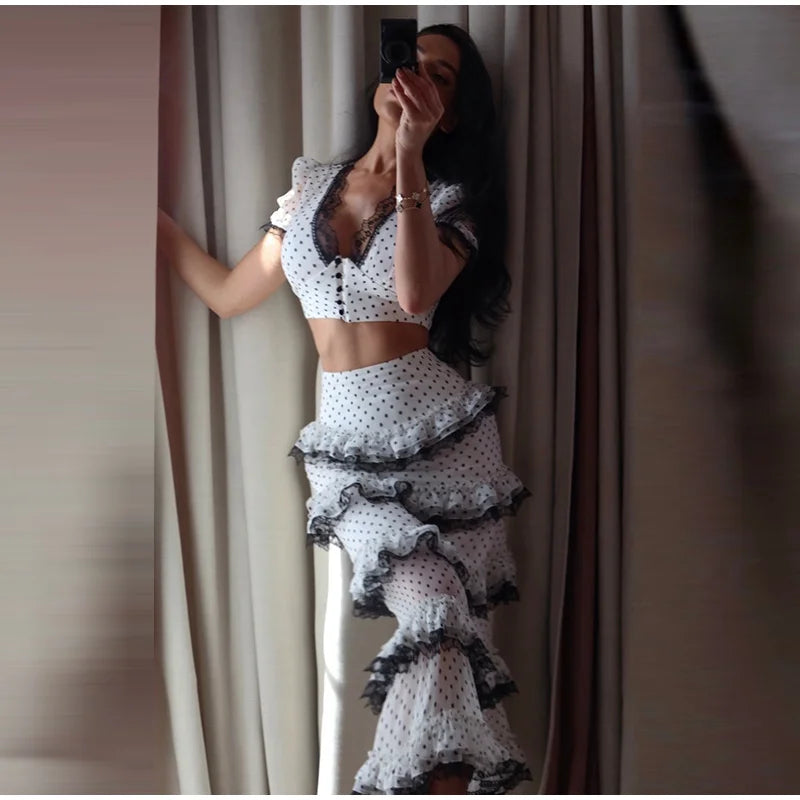 Polka Dot Chic Set With V Neck Crop Top And Ruffle Skirt