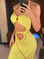 Sexy Halter Tummy Cut Out Crochet Knitted Tunic Dress