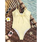 Striped Plaid V Neck  One Piece Swimsuit Female Frilled High Leg Cut Padded