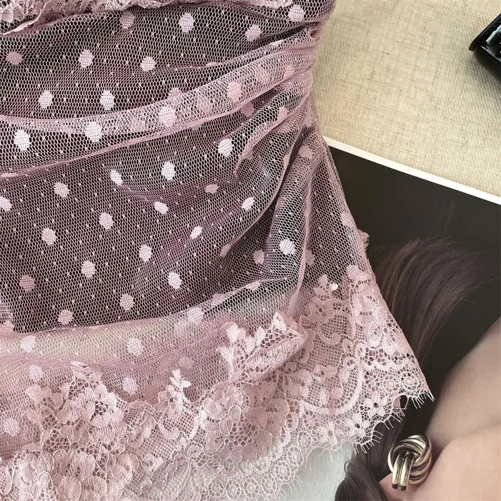 Lace Dots Wrapped Camisole With Pads Slim Fit Tank Top