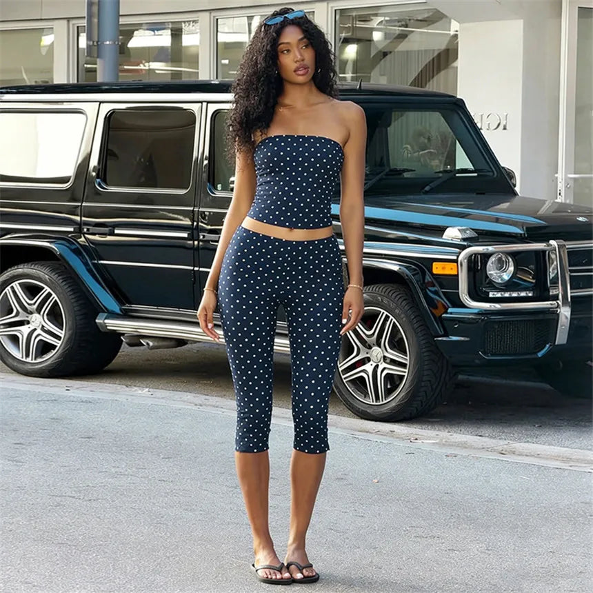 Vintage Polka Dot Two Piece Set Strapless Tube Top And Capri Pants