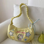 Bright Strawberry Daydream Shoulder Bag With Yellow Nylon And Blue Grid Star Detail
