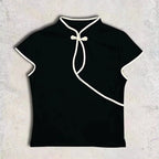 Ladies Blouse With Mandarin Collar Short Sleeve Crop Top Keyhole Frog Button Vintage Asymmetrical Design