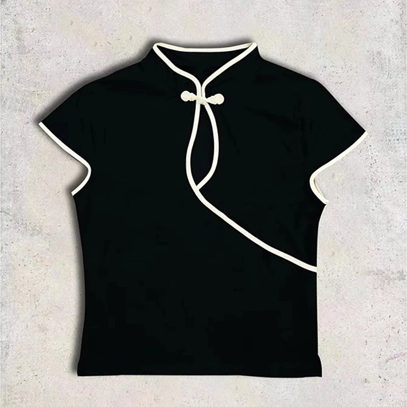 Ladies Blouse With Mandarin Collar Short Sleeve Crop Top Keyhole Frog Button Vintage Asymmetrical Design