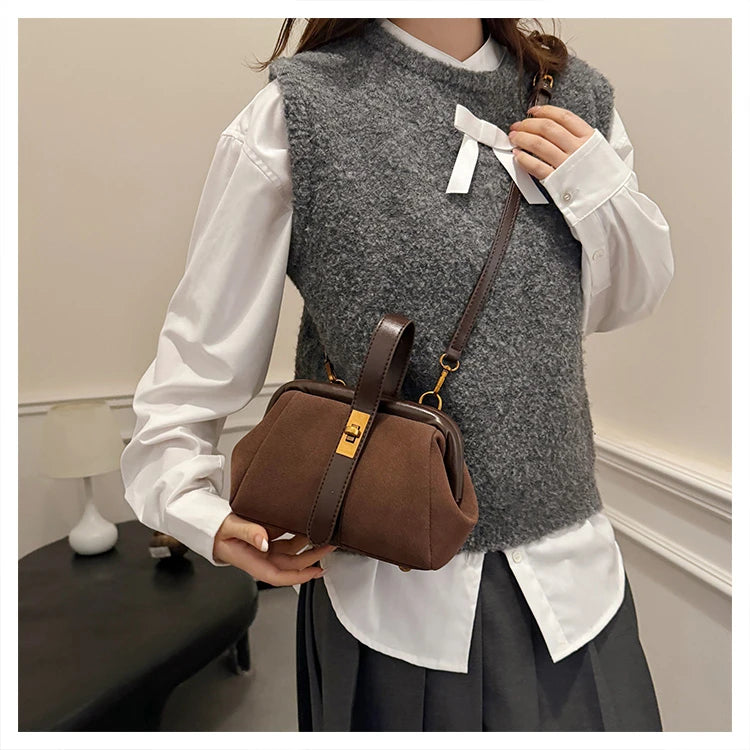 Luxe Faux Suede Frame Shoulder Bag With PU Accent Elegant Crossbody