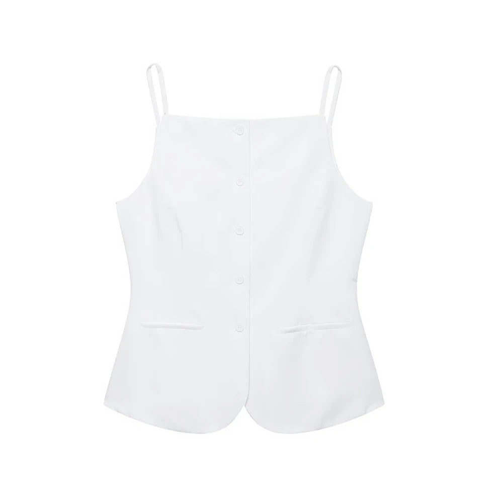 Buttoned Waistcoat Two Piece Shorts Set With Mid-Waist Pockets