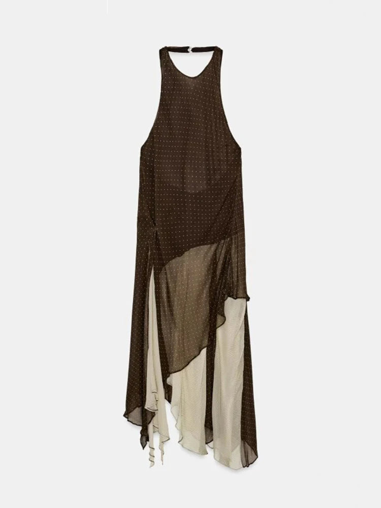 Chic Halter Dress With Off Shoulder Silhouette In Vintage Polka Dot Chiffon
