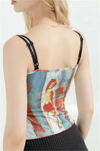 Flirty Vintage Graphic Spaghetti Strap Cami Top With Off Shoulder Flair