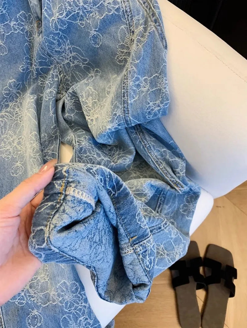 Embroidered Denim Wide Leg Jeans With Loose Fit
