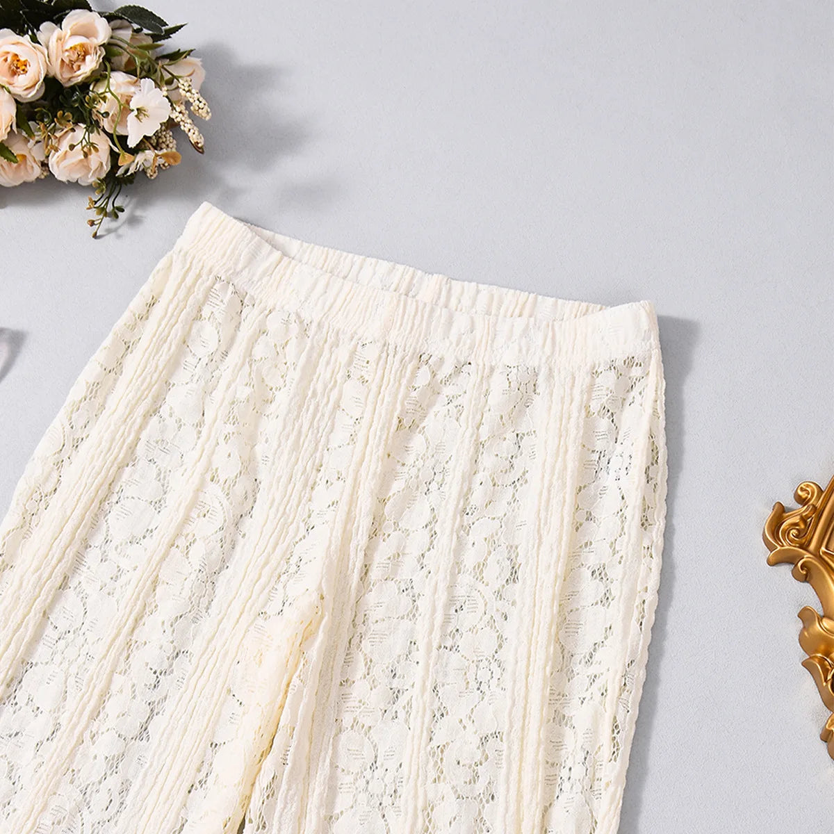 White Lace Sheer Flare Pants For Women Boho Style Elegant Casual Wide Leg Trousers