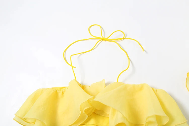 Elegant Y2K Sweet Style Ruched Tank Tops+Petal Sleeve Cover Women Lace-Up Halter
