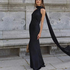 Elegant Silk Satin Halter Maxi Dress Backless Ribbon Tie Evening Gown