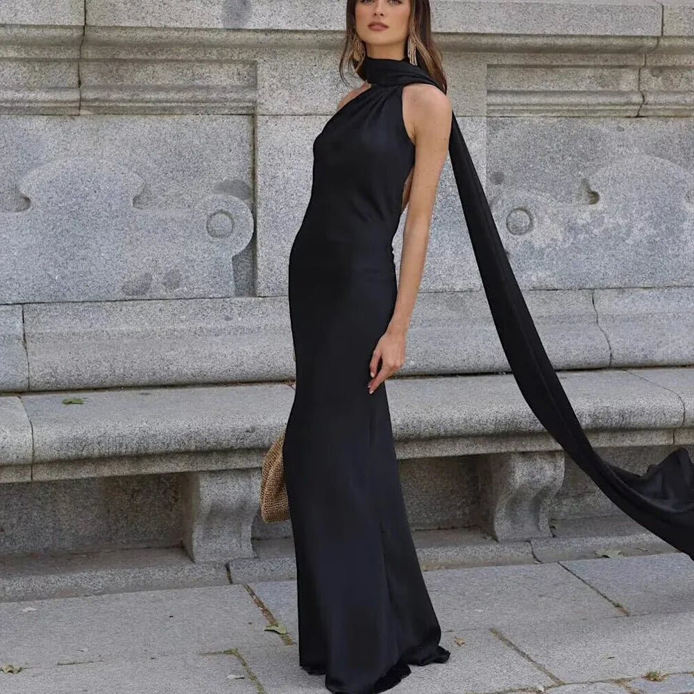 Elegant Silk Satin Halter Maxi Dress Backless Ribbon Tie Evening Gown