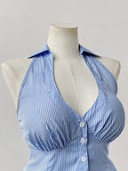 Blue Striped Sleeveless Shirt With Pleated Hem V Neck