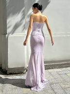 One Shoulder Floral Hollow Out Purple Maxi Dress