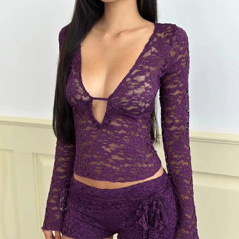 V-Neck Long Sleeve Lace See Through Slim Fit Shirt women’s