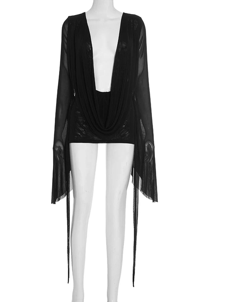 Ruched Sheer Mesh Dress With Flare Sleeves V Neck