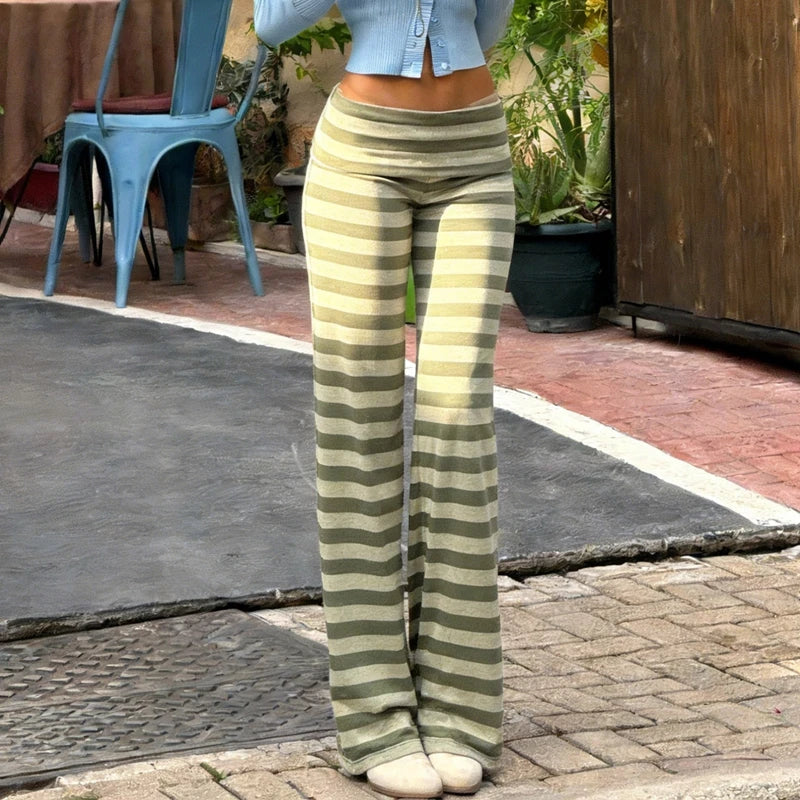 Striped Fold Over Lounge Pants For Women Wide Leg Flare Trousers Cozy Relaxed
