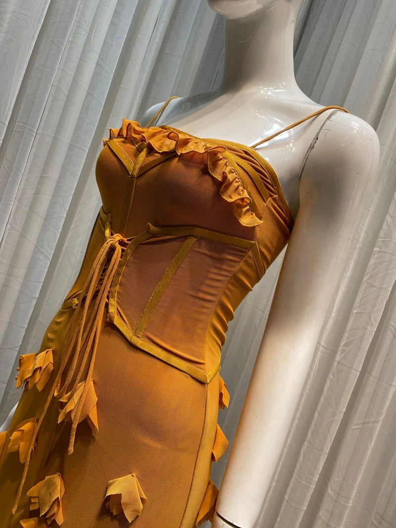 Floral Mesh Strap Dress With Sleeveless Wrap Chest Backless Camisole Silhouette