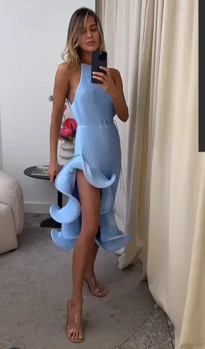 Sexy Knot Waist Lace Trim Midi Dress Sleeveless High Collar